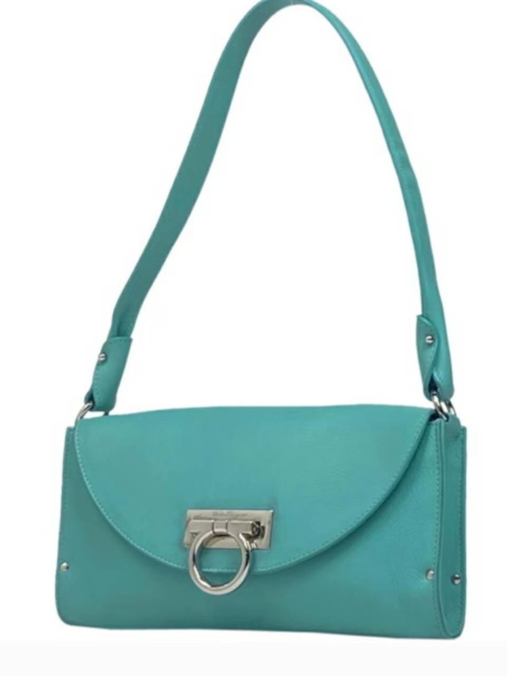 Salvatore Ferragamo Gancini Light Teel Shoulder Bag with Silver Ring Hardware